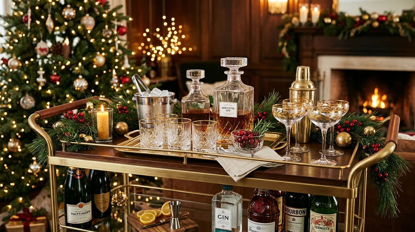 Luxury holiday bar cart with crystal and gold accents.